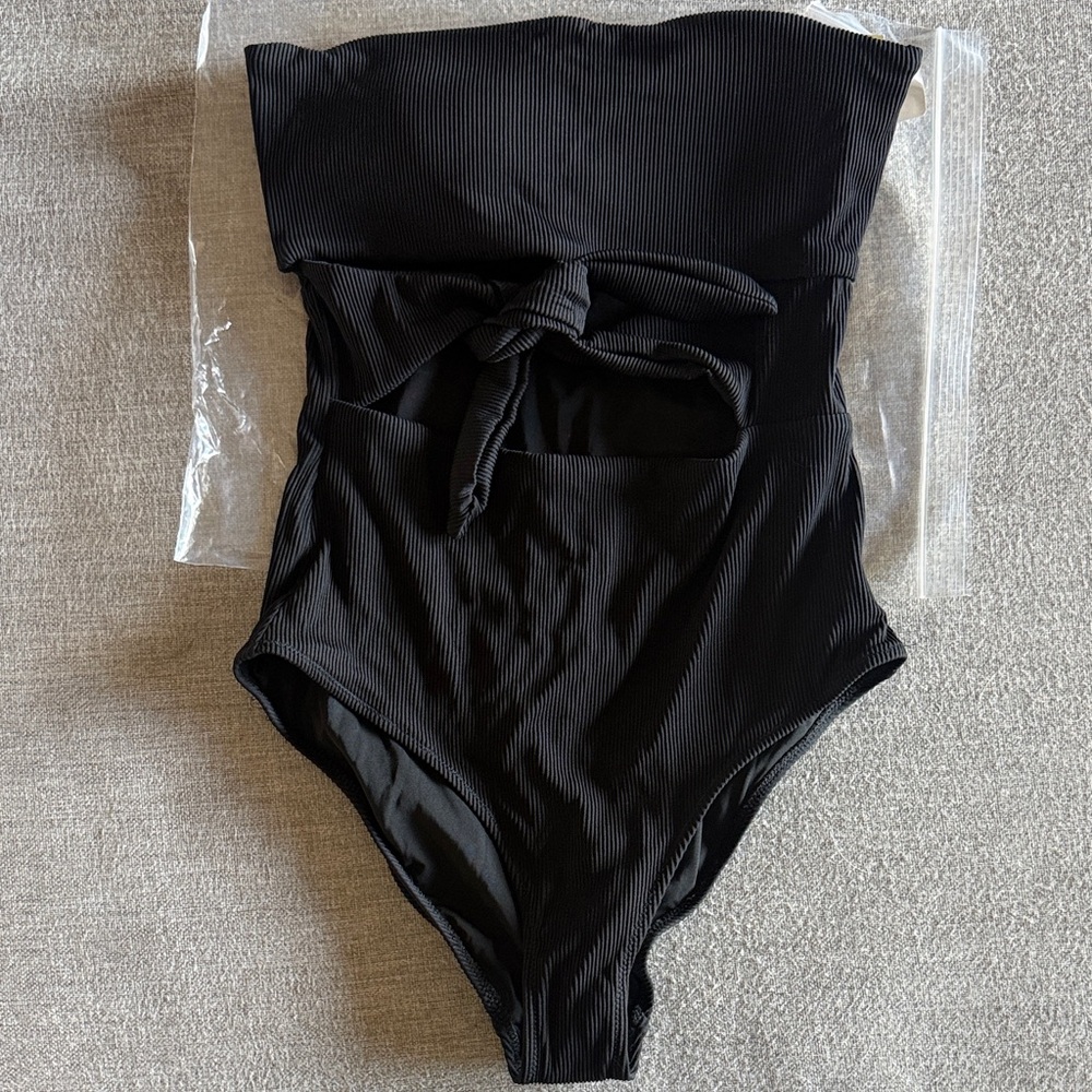 aerie Black Strapless Ribbed One-Piece Swimsuit with Front Tie Detail